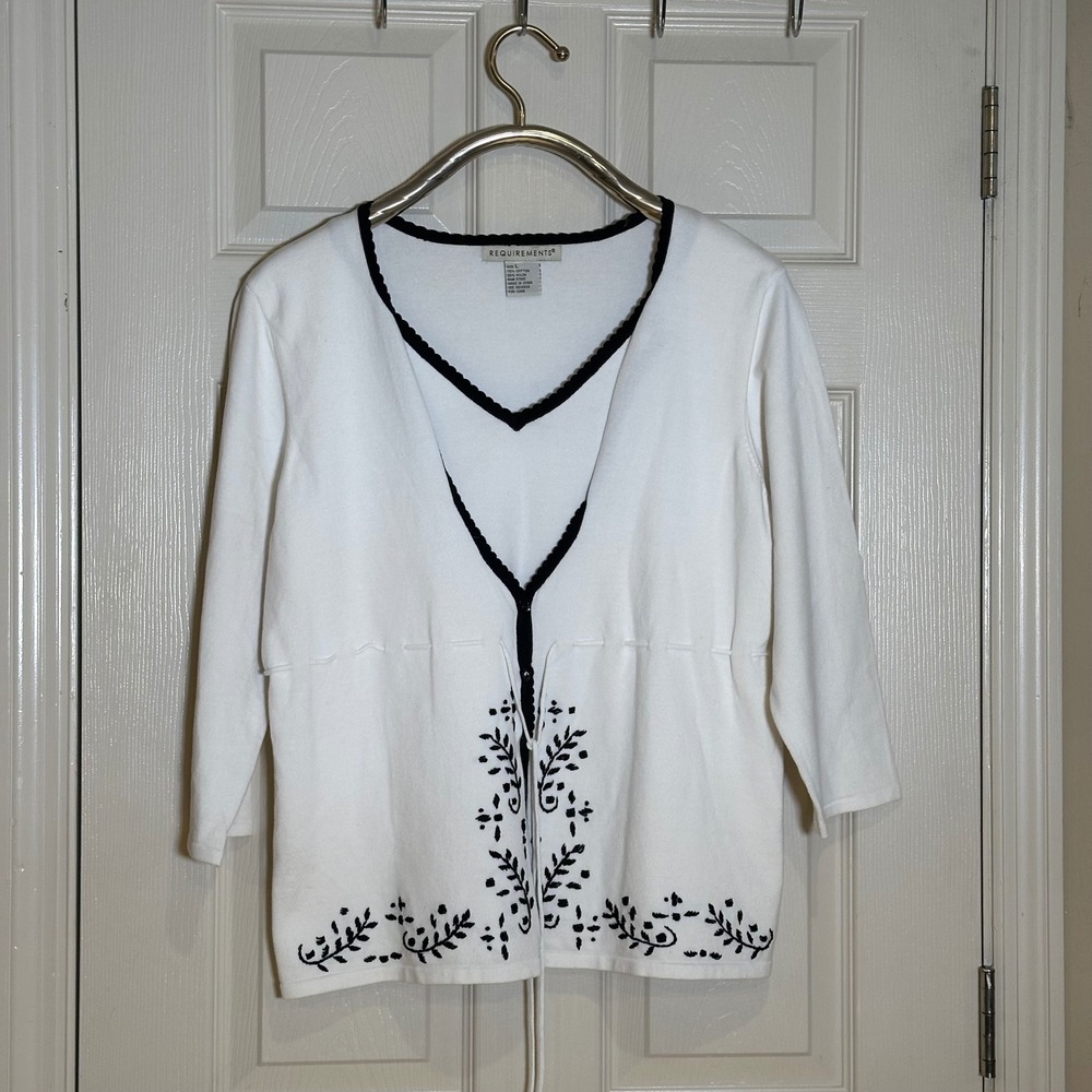 Requirements White Cardigan Sweater Black Floral Embroidery Tie Front Size L